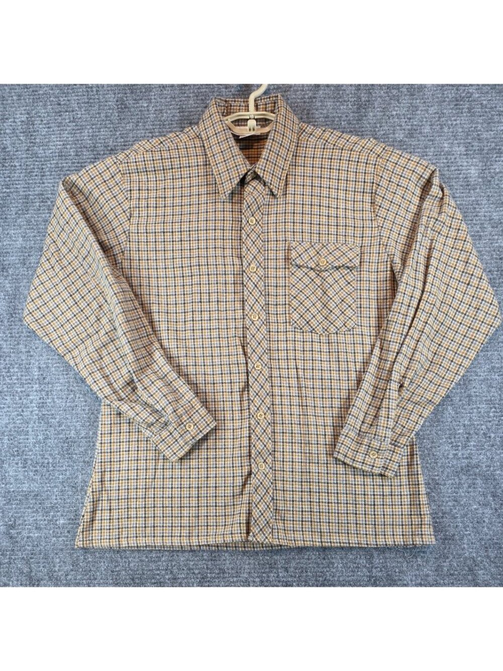 ​VTG 70s Sears Kings Road 100% Cotton Plaid Shirt Mens L 42-44 Flannel  Blue Tan